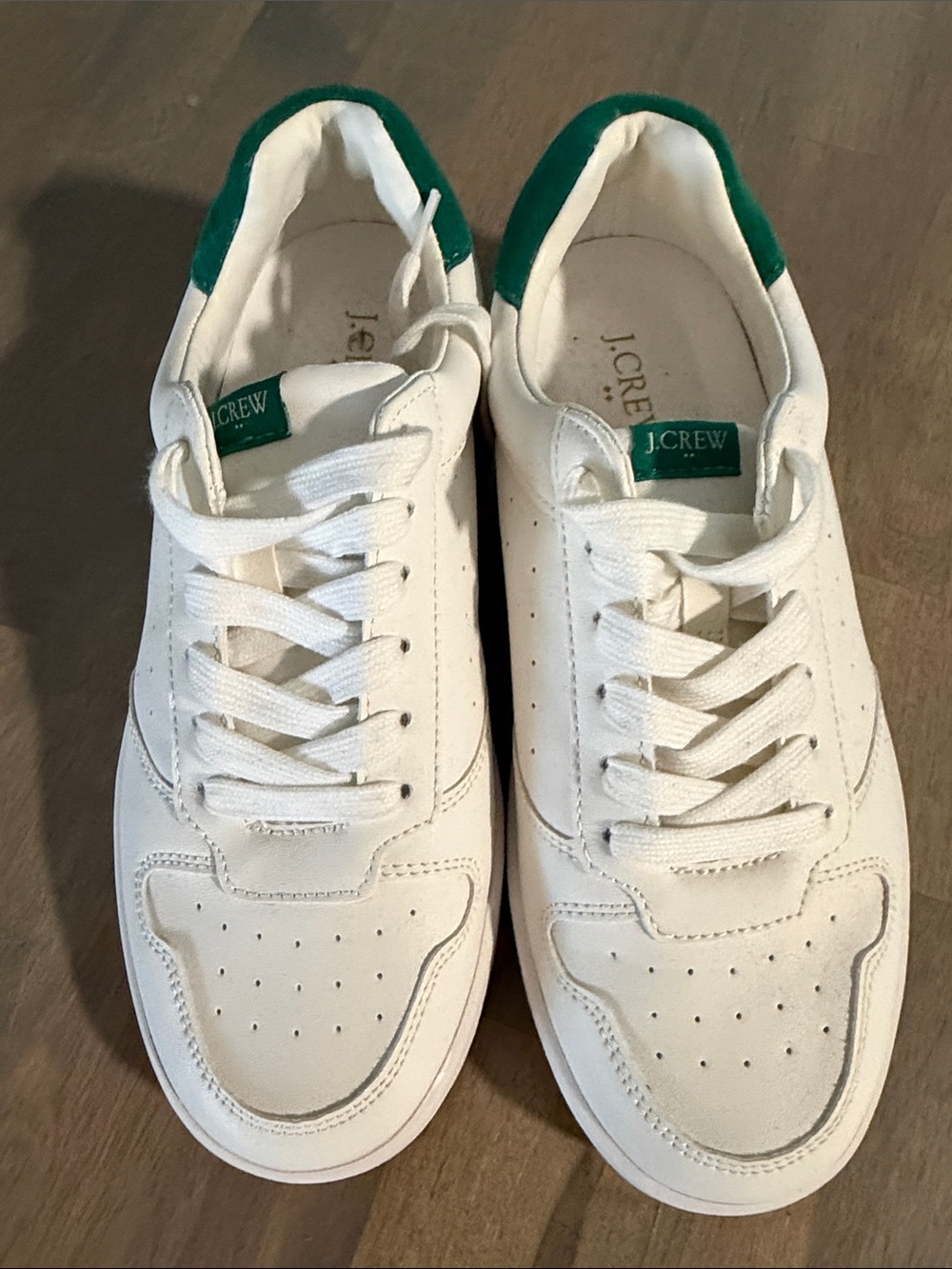 J. Crew White Leather Sneakers with Green Heel Accent